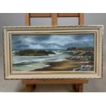 † JILL MICKLE; oil on board, coastal landscape, signed, 18 x 40cm, framed.