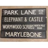 Four original London bus blinds, 'Elephant & Castle', 'Wormwood Scrubs, North Pole Road', '