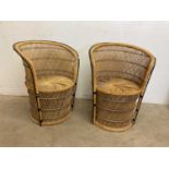 A pair of 1970s split bamboo woven peacock tub chairs, height of back 76cm, seat height 40cm.