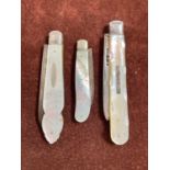 Three mother of pearl handled, hallmarked silver bladed, folding fruit knives (3)