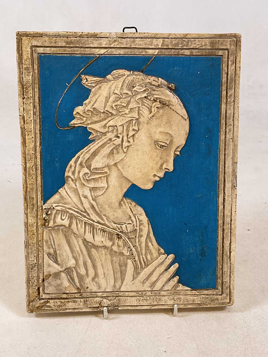 DOROTHY DIRK AFTER BOTTICELLI; a painted plaster rectangular plaque, inscribed verso, 29 x 22.5cm.