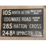 Four original London bus blinds, '285 Hatton Cross', '105 North Acton Wales Farm Road', 'Edgware