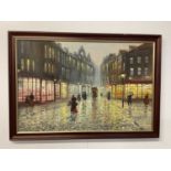† JOHN BAMPFIELD (born 1947); street scene with figures, signed, 50.5 x 76cm, framed.Condition