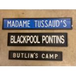Three original bus blinds, 'Blackpool Pontins', 17 x 88cm, 'Butlin's Camp', 9 x 77cm, and 'Madame