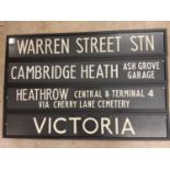 Four original London bus blinds, for 'Victoria', 'Cambridge Heath, Ash Grove Garage', 'Warren Street