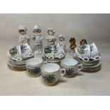 Six German porcelain figures and busts, tallest 21cm, and a Welsh costumes part tea set.