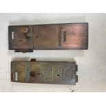 Two vintage public toilet locks and inserts, both with vacant/engaged display signs, lengths 37cm