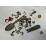 A collection of silver charms, six silver dress rings including one set with amber, a silver