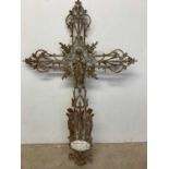 A large French cast iron cross with later applied plaque to the base, height 128cm.