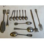 A group of hallmarked silver flatware, comprising a set of six coffee spoons, two teaspoons, an