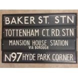 Four original London bus blinds, 'Baker St. Stn', 'Tottenham Ct. Rd. Stn', 'N97 Hyde Park Corner',