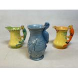 Two Burleigh ware Art Deco jugs and a vase, with hand painted detail to the handles in the form of