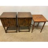 A pair of reproduction oak two door bedside cabinets and an oak square sectioned parquetry side