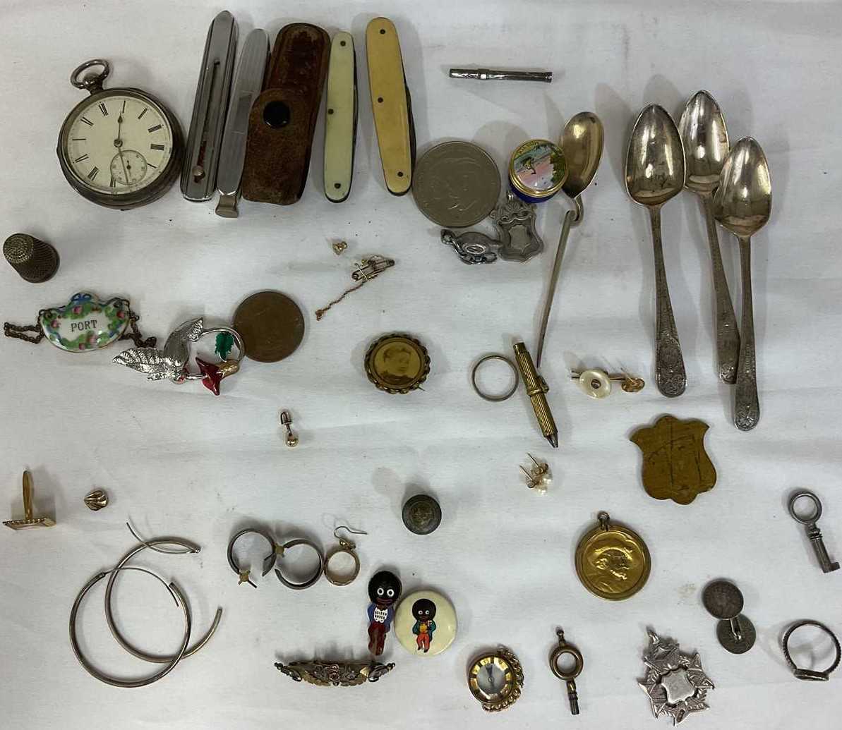 A collection of miscellaneous items to include four silver hallmarked spoons, gold and silver items,
