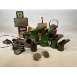 A group of metalware including a vintage road lamp, a set of 4 Castrol oil cans, pre-war van