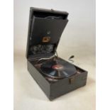 HMV; a black cased portable record player.