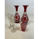 A pair of Bohemian hand blown and engraved ruby red glass vases, height 28cm, and 3 others