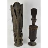 TRIBAL ART; a large African carved wooden standing mask figure, height 80cm and a grain box with