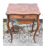 A Edwardian inlaid rosewood sewing table, the hinged top above a drawer and side pull-out drawer,