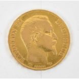 A Napoleon III 1856 French 20 francs gold coin, minted in Paris, approx. 6.37g.
