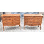 A pair of reproduction French style serpentine front inlaid three drawer chests, width 90cm.
