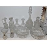 A quantity of assorted glass including oversized decanter, pair of decanters and two others, also