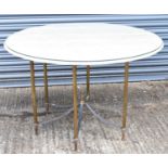 A modern brass framed table with circular white marble top, diameter 120cm.