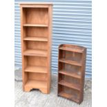An oak freestanding bookcase, width 56cm, height 168cm, also a small stained pine bookcase (2).