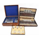 A mahogany cased set of twelve silver plated fish knives and forks, a part set and a cased set of