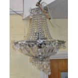 A cut glass fan ceiling light and a cut glass drop chandelier with stainless steel frame, height