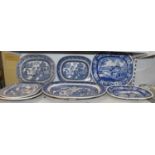 Seven assorted blue and white meat plates comprising five 'Willow' pattern and two Royal Cauldon '