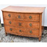 A antique Northern European walnut three drawer bowfronted commode, width 118cm.