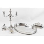 A quantity of plated items including large oval galleried tray, 62 x 40cm, candelabrum, height 45cm,