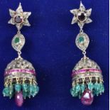 A pair of Indian yellow metal, diamond, ruby and emerald set drop earrings each suspending a large