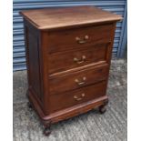 A modern hardwood four drawer chest on short cabriole legs, width 64cm, height 90cm.