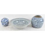 A Chinese provincial blue and white jar, height 16.5cm, also a bowl, diameter 29.5cm and a bowl with