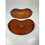 A contemporary yew wood and inlaid kidney shaped twin handled tray, length 59cm, and an Edwardian