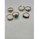 Six various 9ct yellow gold dress rings, some missing stones, one cut, combined approx. 12.6g.