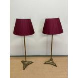 A pair of brass table lamps with reeded columns, tripartite base and paw feet, height including