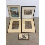A pair of early 20th century coloured etchings, a decorative watercolour harbour scene, Lessells,