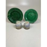 A pair of Pratt type transfer decorated paste jars and a pair of green glazed Majolica leaf