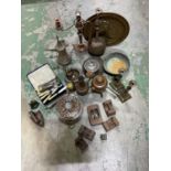 A quantity of metal items including cutlery, brass, copper, weights etc