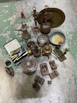 A quantity of metal items including cutlery, brass, copper, weights etc