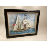 A diorama of a masted vessel in painted glazed case, width 57cm.