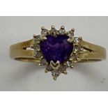 A 14ct yellow gold amethyst and diamond heart shaped cluster ring, size M, approx. 2.4g.