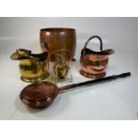 Brass and copper items comprising coal buckets, kettle, warming pan etc.