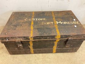 A metal American Military trunk, painted to side and top, ' CL Stone, Port Moresby', height 30cm,