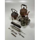 A Calcia King bike lamp, various veterinarian chrome syringes and assorted brass items. (8)