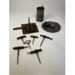 Collection of corkscrews, an iron lock and key and pewter items.