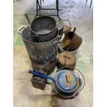 A quantity of metal pots, saucepans and a lamp